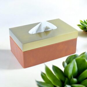 Bebo Creations Premium Metal Top Leather Tissue Box Holder Brown, 10.5 x 5.3 x 4 Inches – Perfect for Home, Office, Dining Table, Living Room